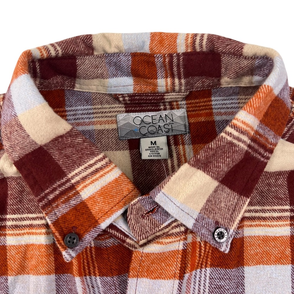 Ocean Coast Men's Plaid Flannel Shirt Orange Burgundy Cotton Long Sleeve Size M - Picture 2 of 8